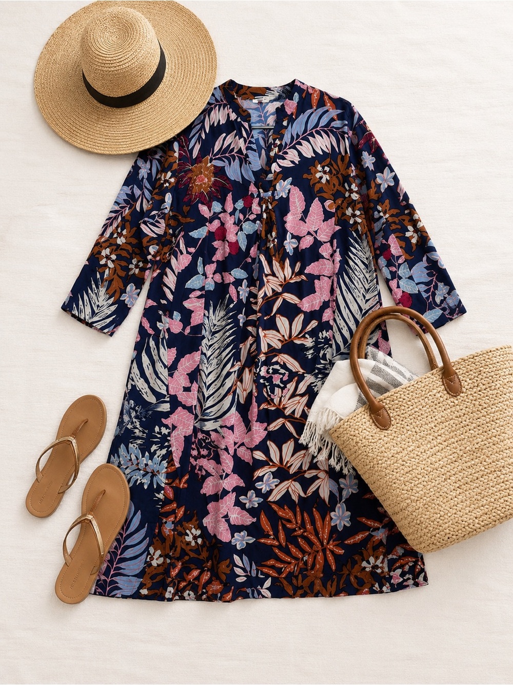 Floral Tropical Tunic Dress Beach Cover Up Navy Pink Long Sleeve Medium - Picture 2 of 6